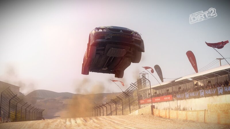 Rally car in mid-air jump