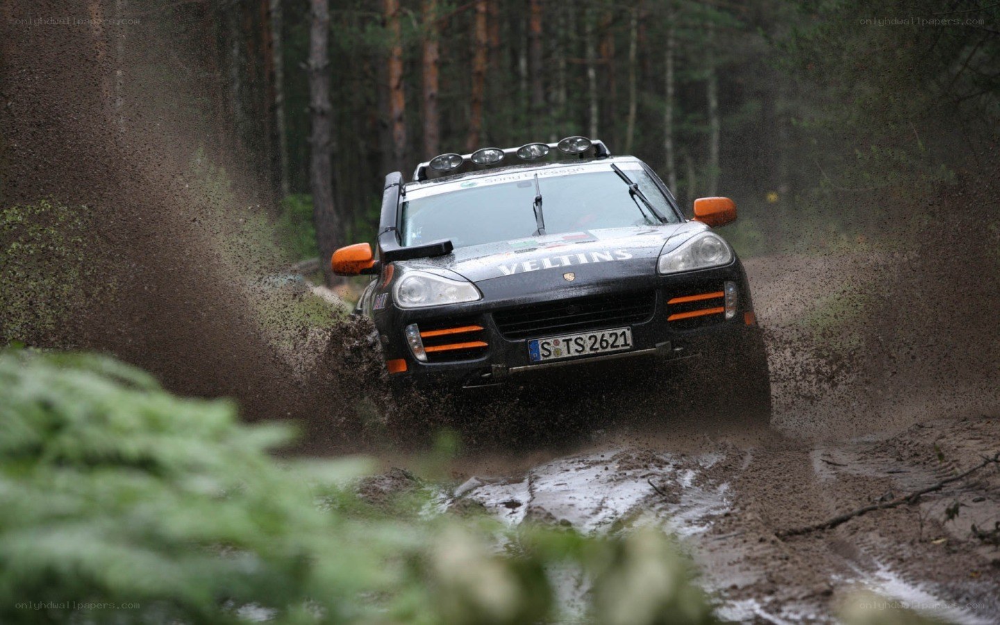 rally car in muddy forest