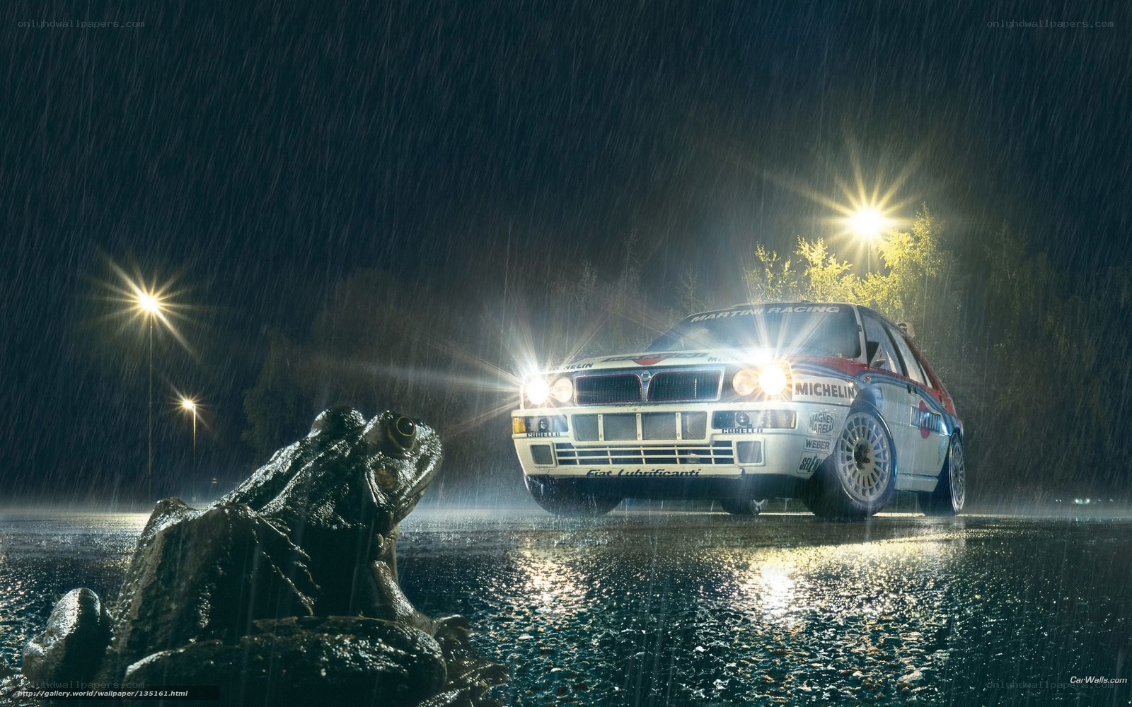 Rally car in rain at night