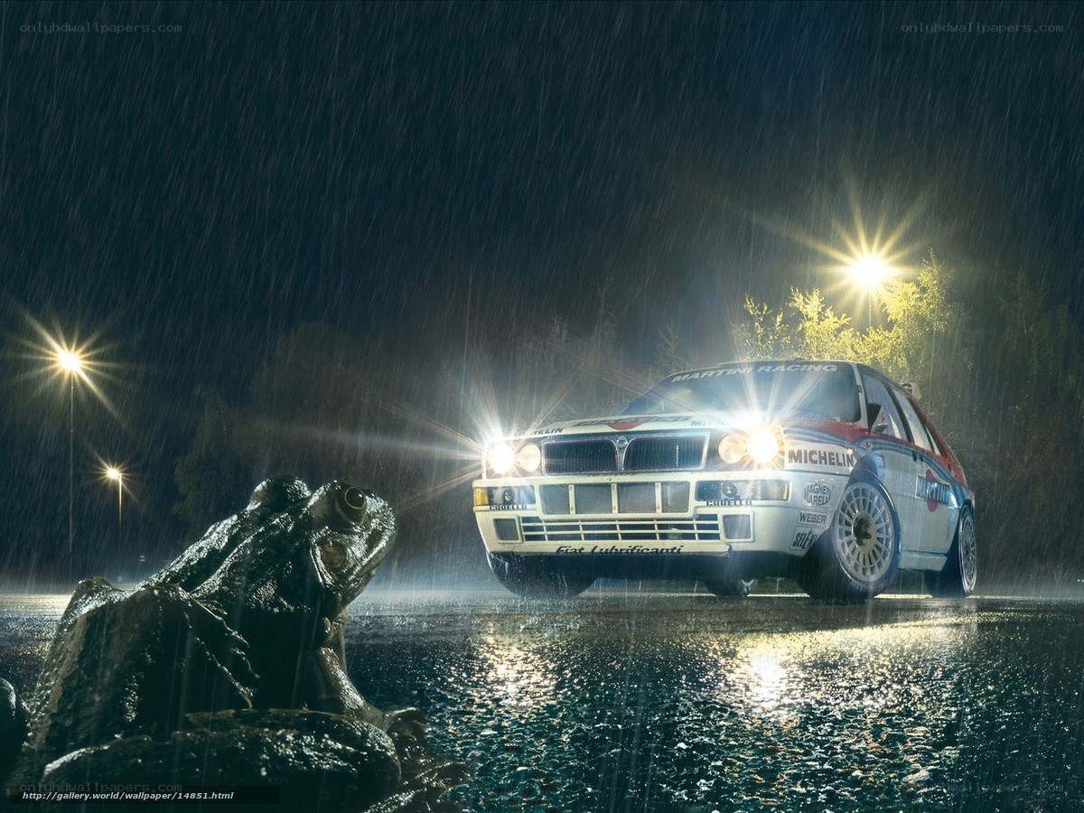 Rally car in rain at night