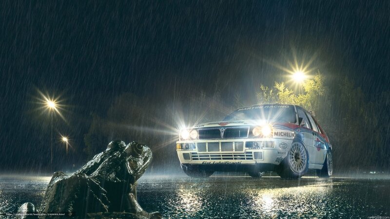 Rally Car in Rain — Black, Dramatic, Night