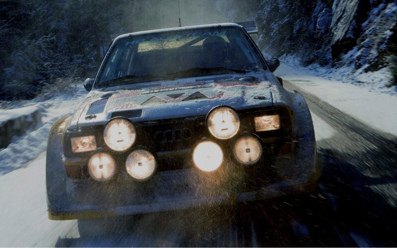 Rally Car in Snow — White, Dramatic, Winter, Photograph, Forest, Car Lights