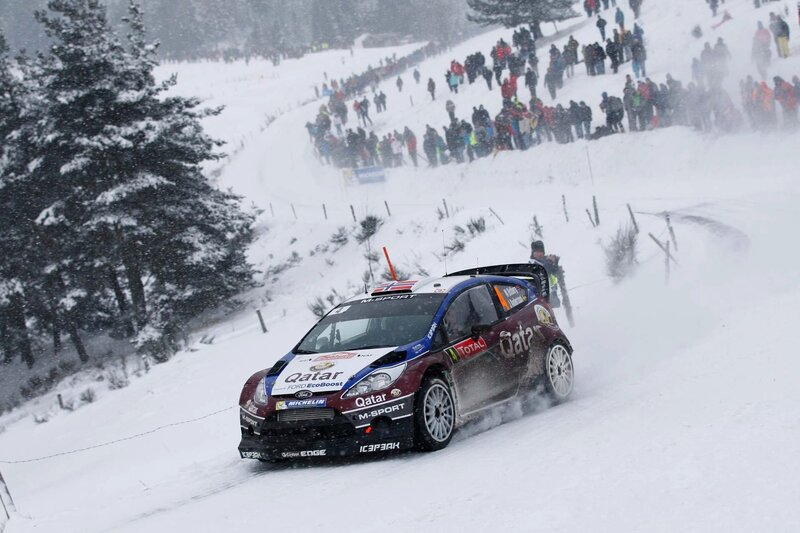 Rally Car in Snow — White, Dynamic, Winter, Photograph, Crowd, Trees, Black, Blue