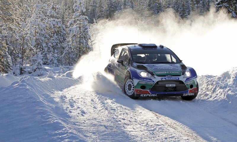 Rally Car in Snow — White, Dynamic, Winter, Photograph, Snowy Forest, Trees, Dust