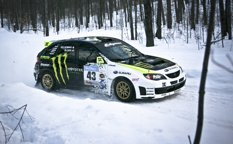 Rally Car in Snow — White, Dynamic, Winter, Photograph, Trees, Race Car