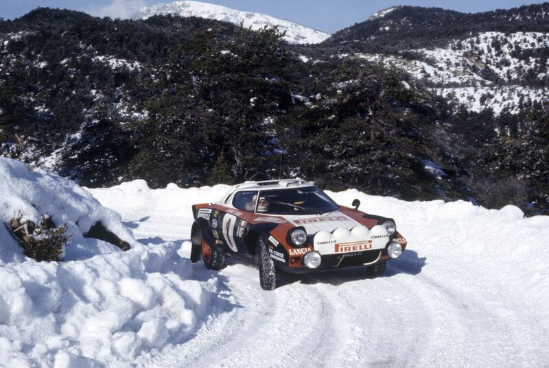 Rally car in snowy mountains