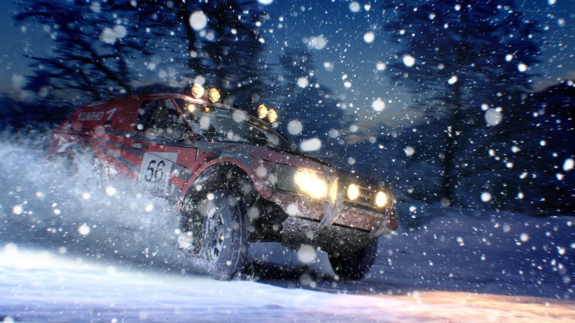 Rally car in snowy night