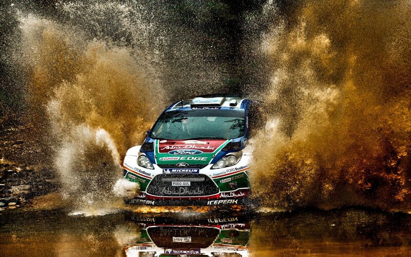 Rally Car in Water — Brown, Dramatic, Photograph