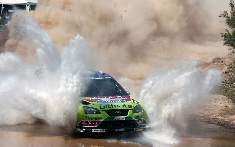 Rally Car in Water — Green, Dynamic, Afternoon
