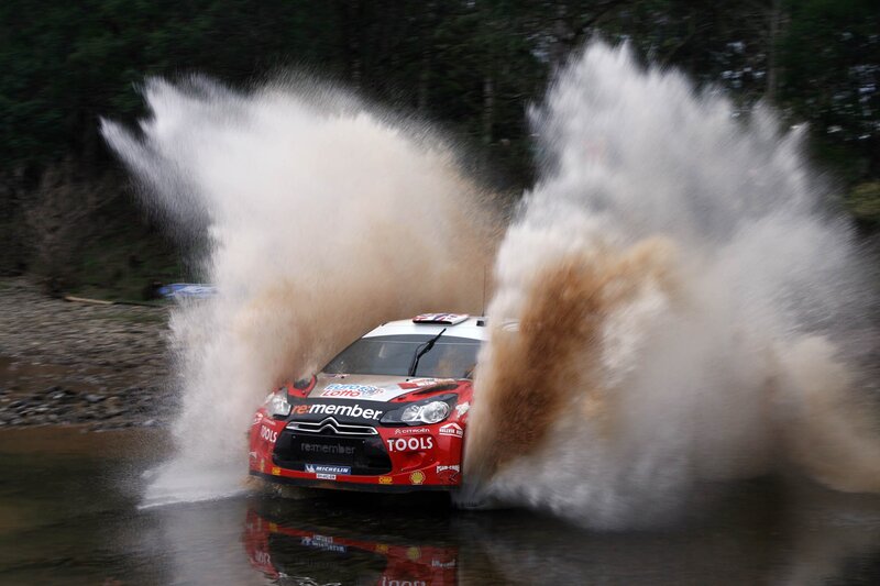 Rally Car in Water — Red, Dynamic, Photograph, Trees
