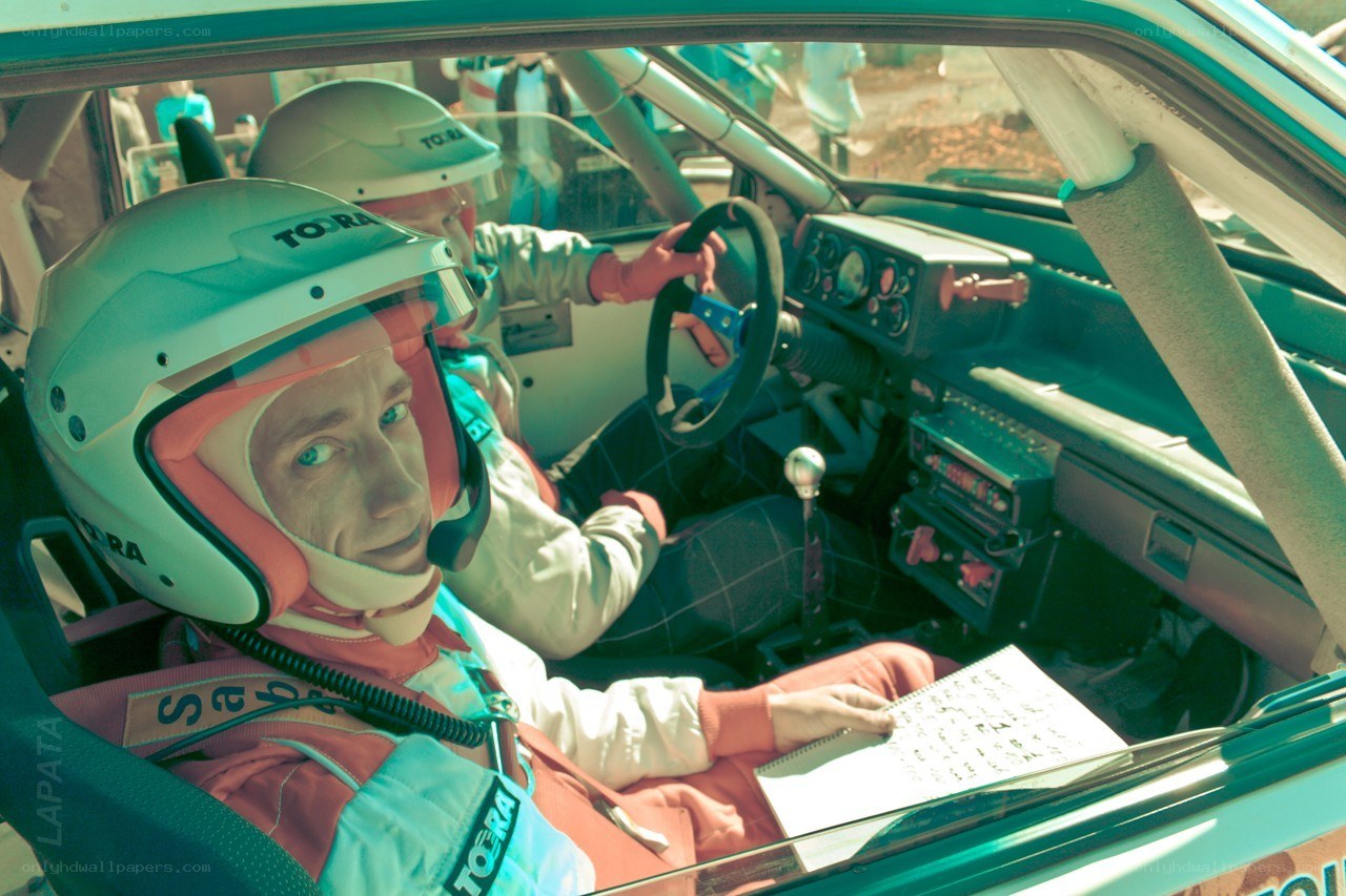 Rally car interior with driver and co-driver
