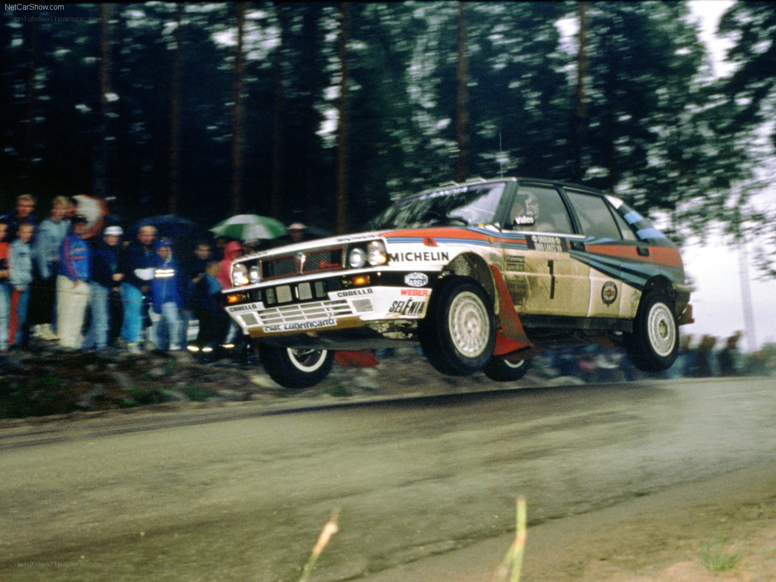rally car jumping on road