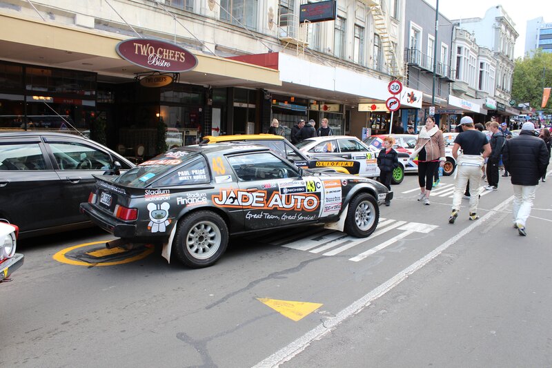 Rally car on city street