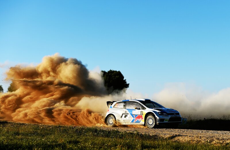 Rally Car on Dirt — Blue, Dynamic, Afternoon, Photograph, Dust Cloud, Tree