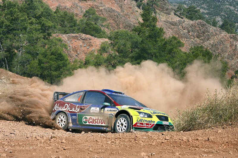 Rally Car on Dirt — Brown, Dynamic, Afternoon, Photograph, Trees, Dust, Green