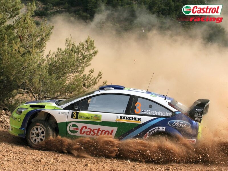 Rally Car on Dirt — Green, Dynamic, Afternoon, Photograph, Trees, Dust