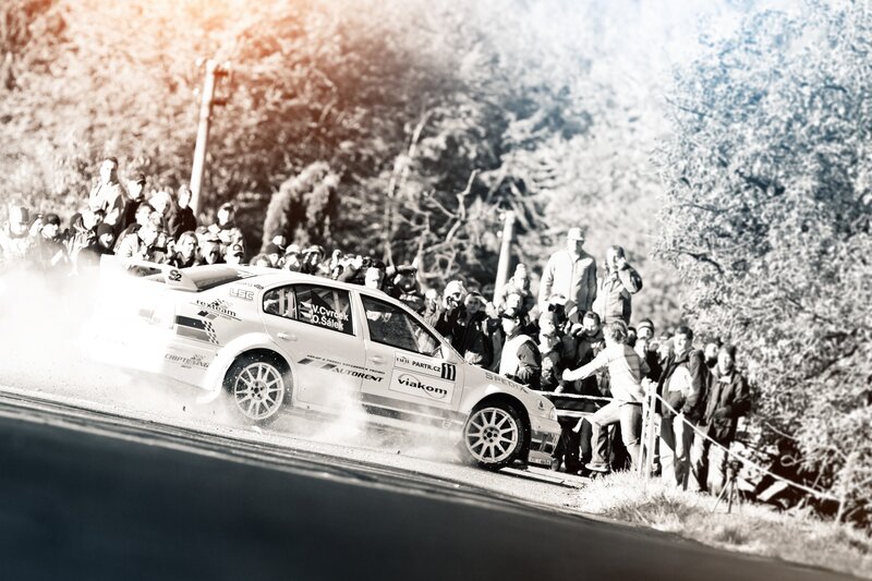 Rally car on dirt road