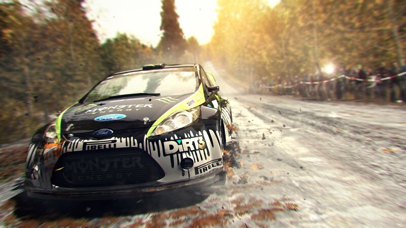 Rally Car on Dirt Road — Black, Dramatic, Autumn