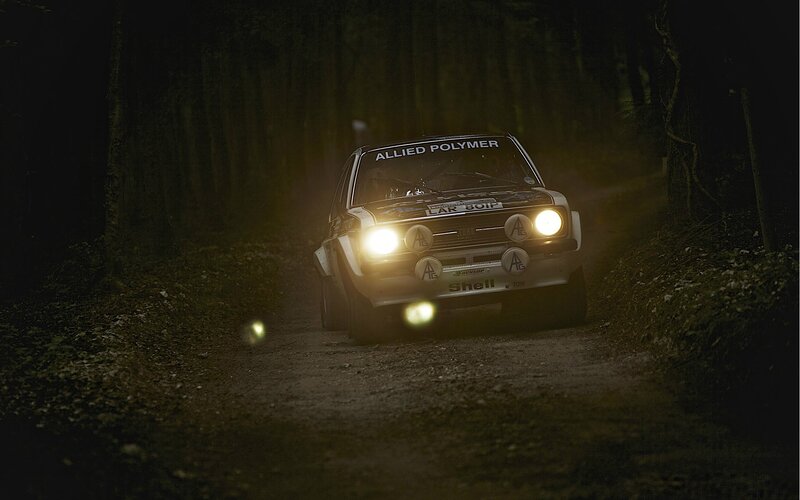 Rally Car on Dirt Road — Black, Dramatic, Night