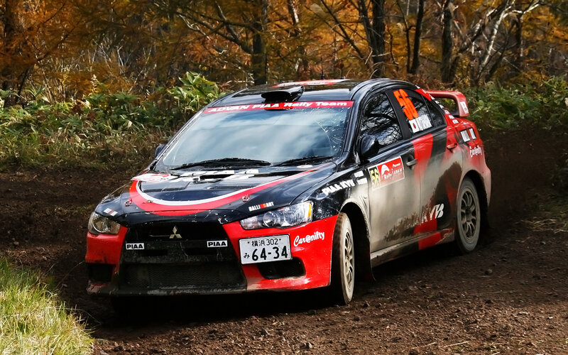 Rally Car on Dirt Road — Black, Dynamic, Autumn, Photograph, Trees, Red