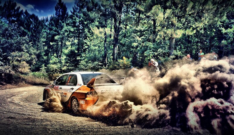 Rally Car on Dirt Road — Brown, Dynamic, Afternoon