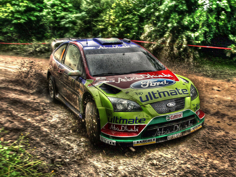 Rally Car on Dirt Road — Green, Dynamic, Afternoon, Photograph, Dirt Road, Trees, Mud