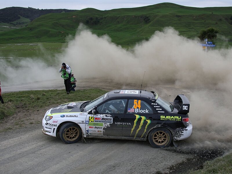 Rally Car on Dirt Road — Green, Dynamic, Afternoon, Photograph
