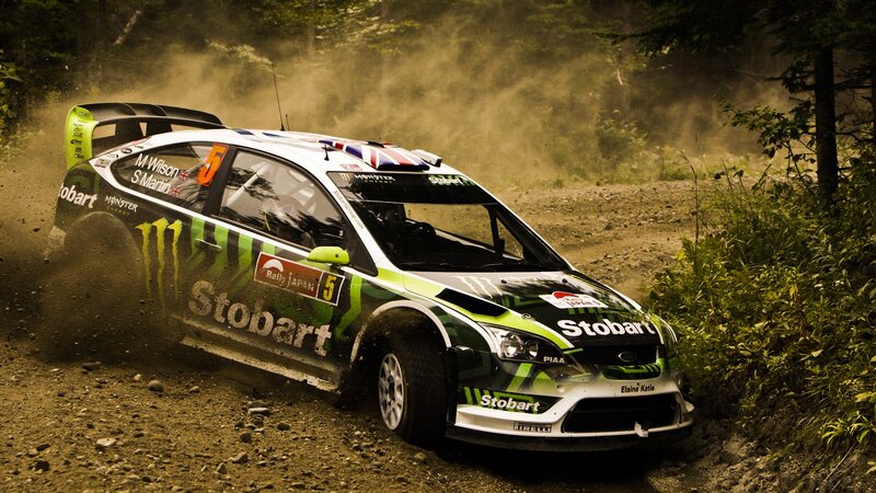 Rally Car on Dirt Road — Green, Dynamic, Afternoon, Photograph, Trees, Dust, Black