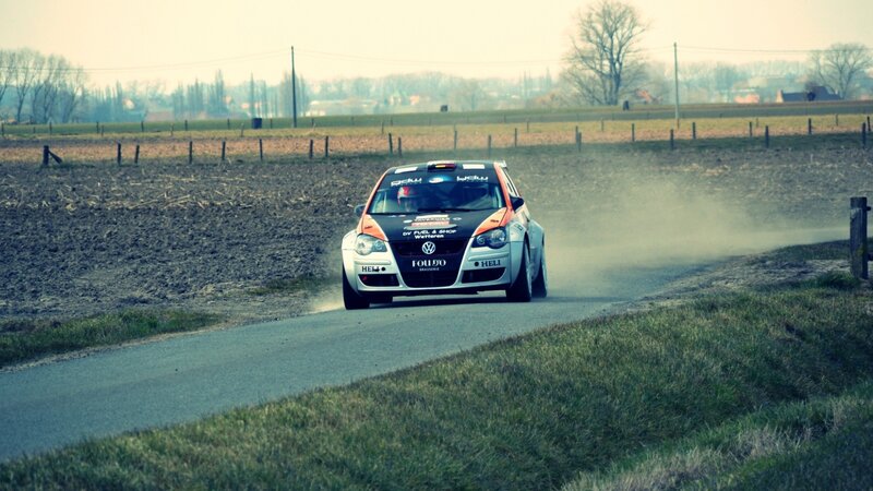 Rally Car on Dirt Road — Green, Dynamic, Autumn, Photograph