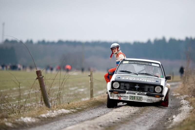 Rally Car on Dirt Road — White, Active, Winter