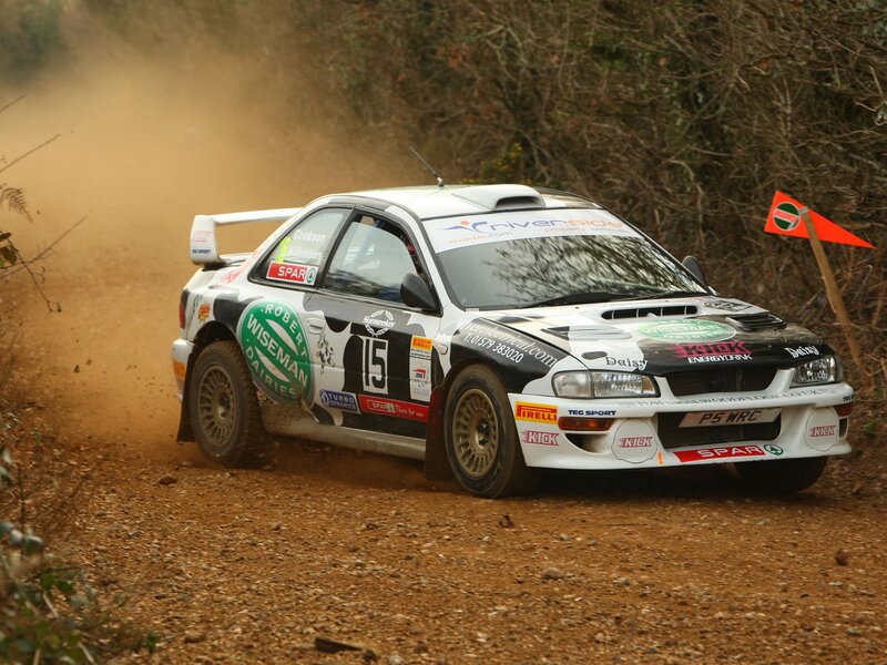 Rally Car on Dirt Road — White, Dynamic, Photograph