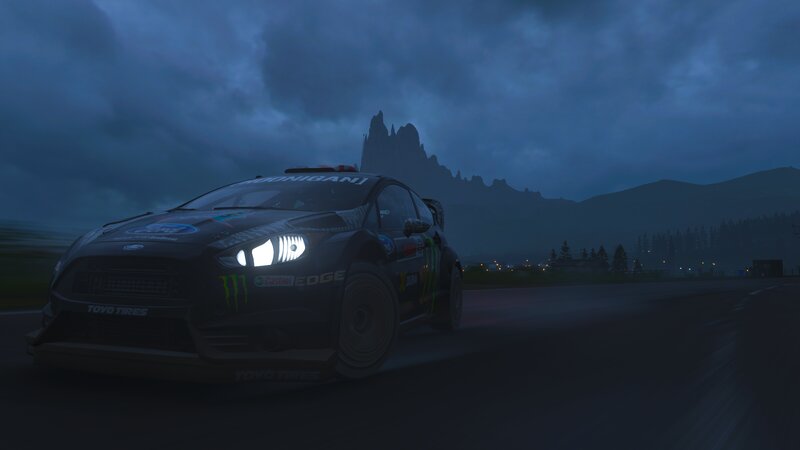 Rally Car on Road — Blue, Dramatic
