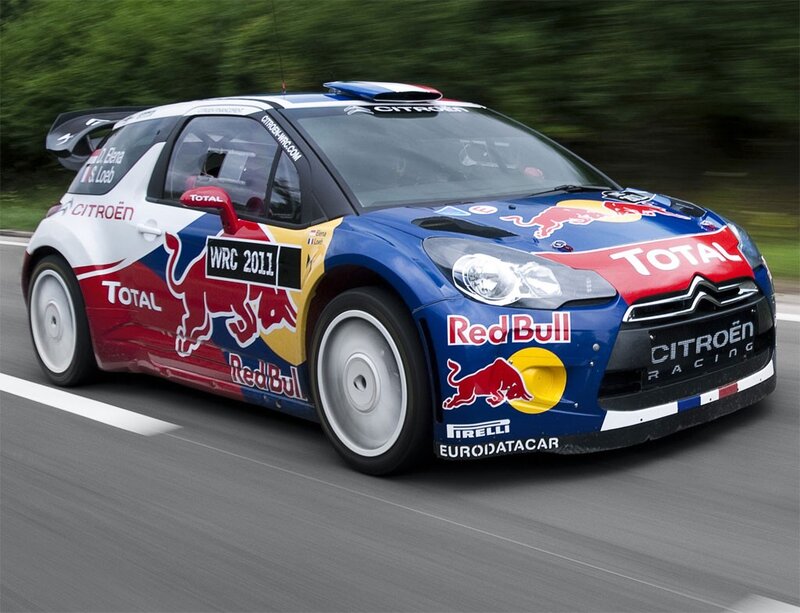 Rally Car on Road — Blue, Dynamic, Afternoon, Photograph, Red Bull, Total