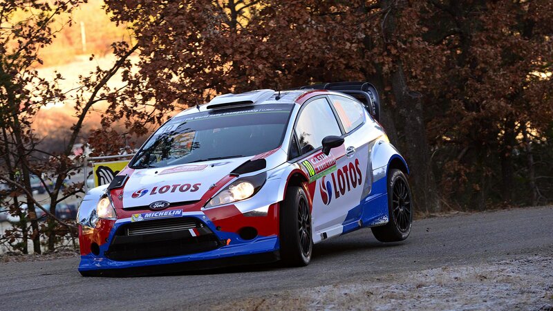 Rally Car on Road — White, Dynamic, Autumn, Photograph
