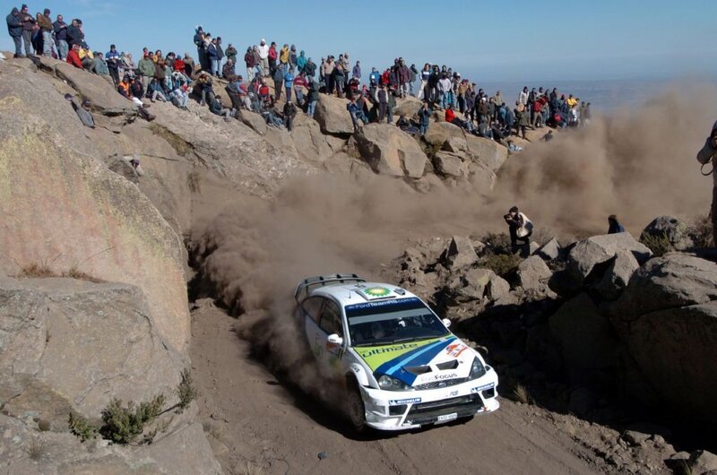 Rally car on rocky terrain