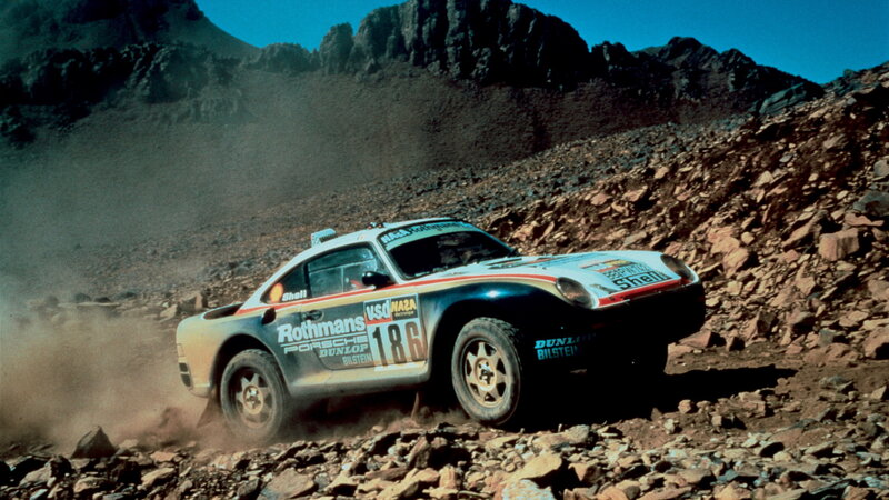 Rally Car on Rocky Terrain — Brown, Dramatic