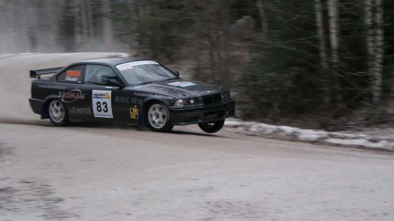 rally car on snowy road