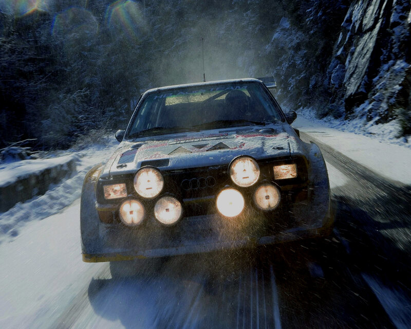 rally car on snowy road