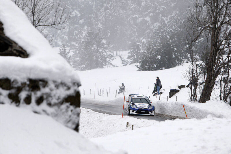 Rally car on snowy road