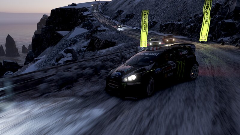 Rally Car on Snowy Road — Black, Dramatic
