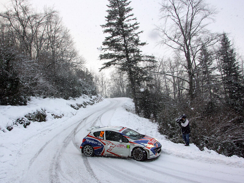 Rally Car on Snowy Road — White, Cold, Winter