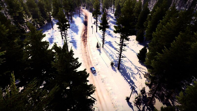 Rally Car on Snowy Road — White, Serene