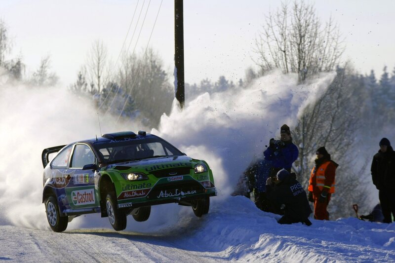 Rally car on snowy track