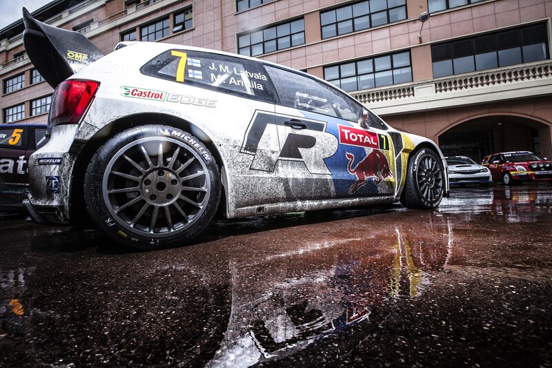 Rally Car on Wet Pavement — White