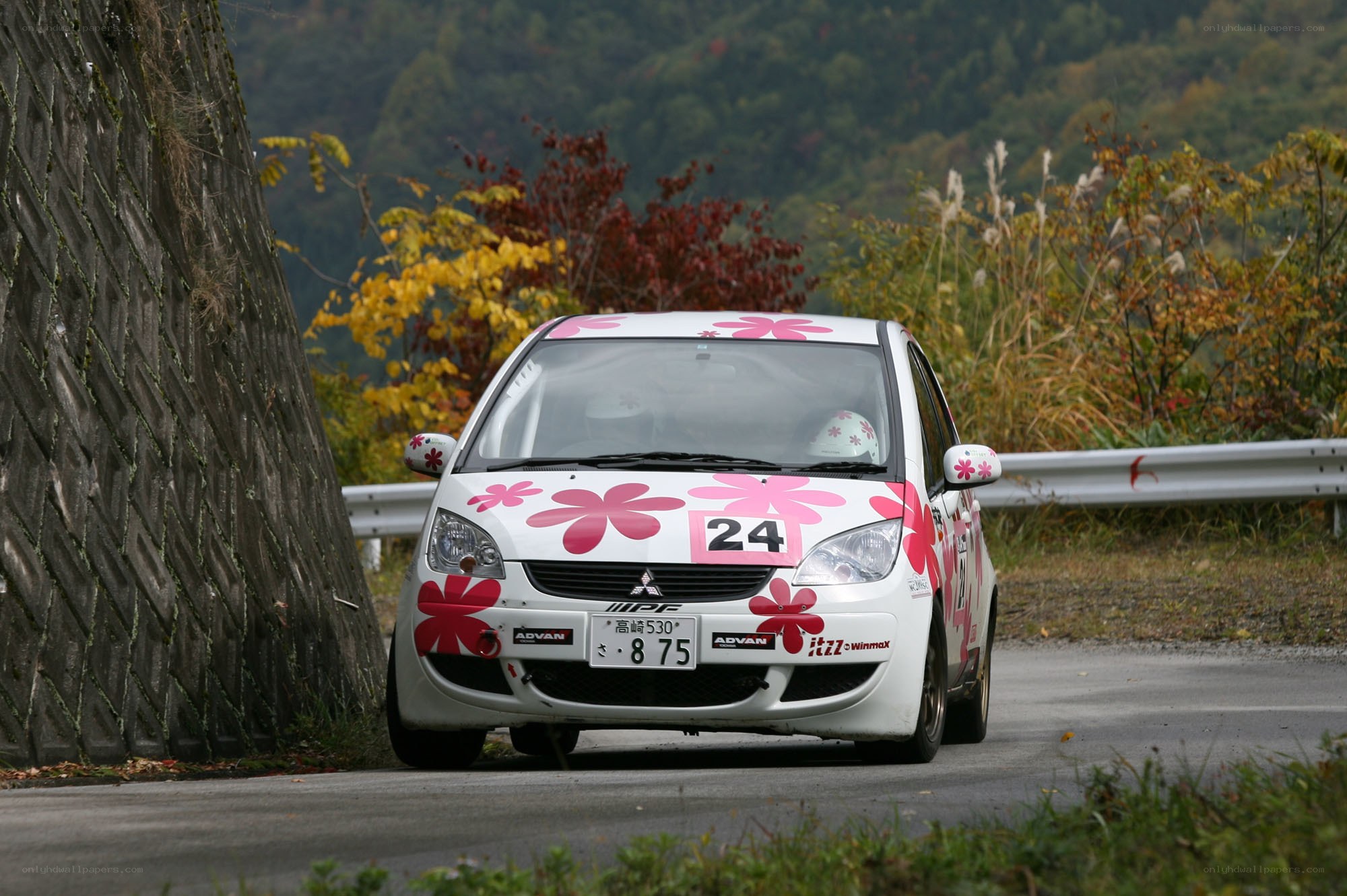 Rally car with floral decals