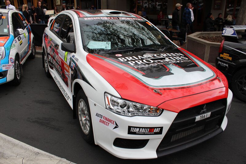 Rally car with sponsor decals