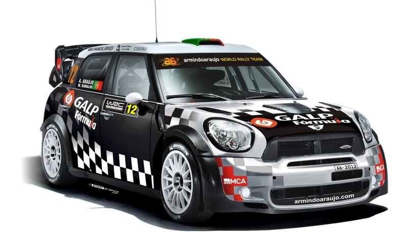 rally car with sponsor decals