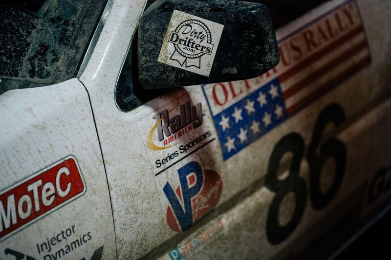 rally car with sponsor stickers