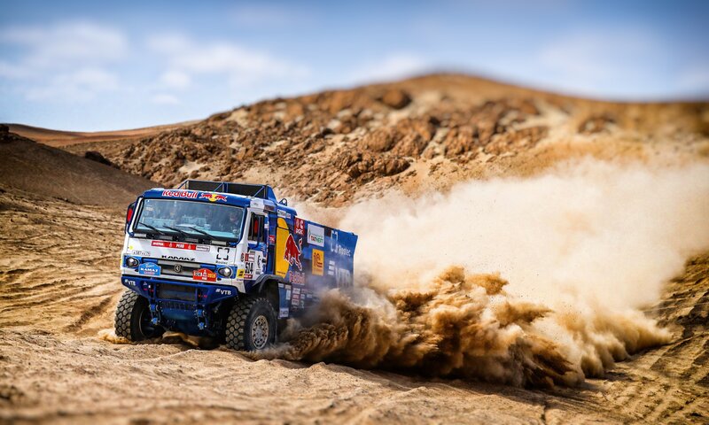 Rally Truck in Desert — Blue, Dynamic, Afternoon, Photograph, Dust Cloud