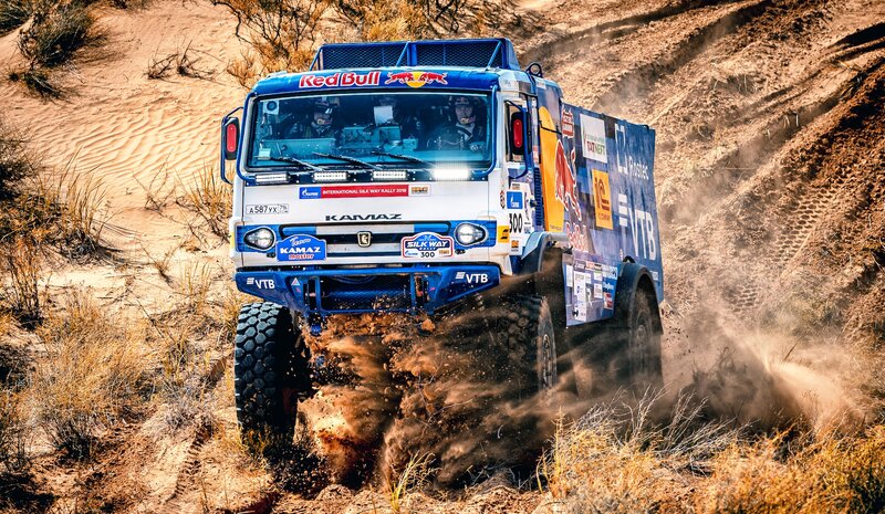 Rally Truck in Desert — Blue, Dynamic, Afternoon, Photograph, Dust